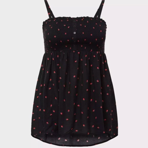 Torrid Black Babydoll Challis Smocked Cami Tank Top Strawberries 2X - Picture 1 of 5